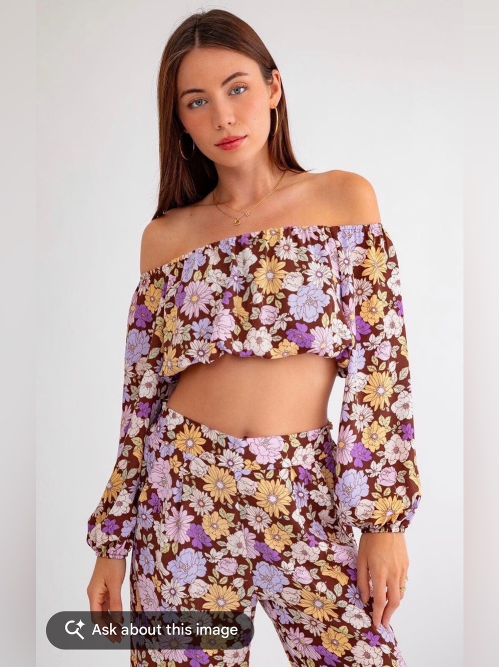 LE LIS Floral Off-Shoulder Crop Top - Brown Lilac Yellow